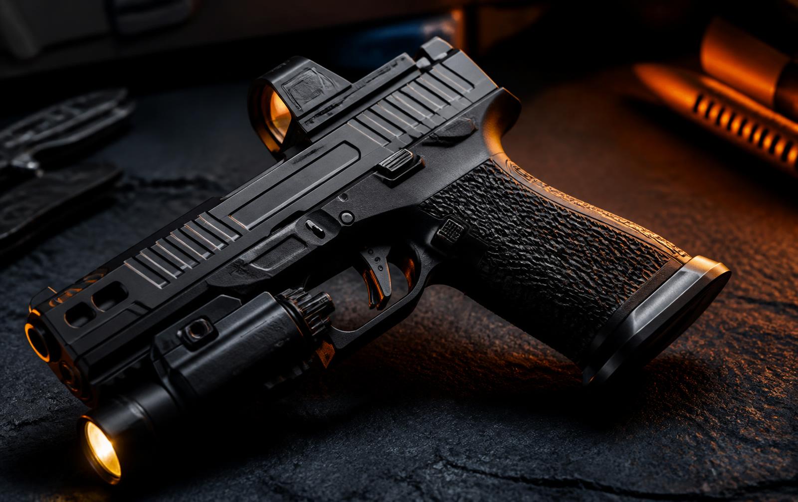 Custom Glock 43X MOS with red dot optic and weapon light on a dark surface